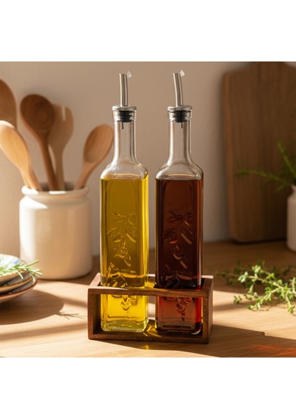 Olea - 2'li Ahşap Yüksek Standlı Cam Zeytinyağı Şişesi Yağdanlık Damlatmaz Yağlık Sirkelik 500ML indirimleri