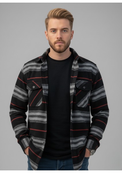 Erkek Oduncu Klasik Kesim Çift Cepli Yaka Düğmeli Kışlık Kareli Gömlek