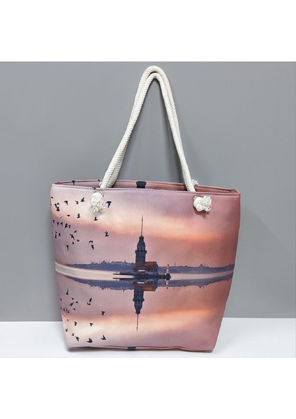 Techmrt Galata Kulesi Desenli Plaj Çantası-Lila