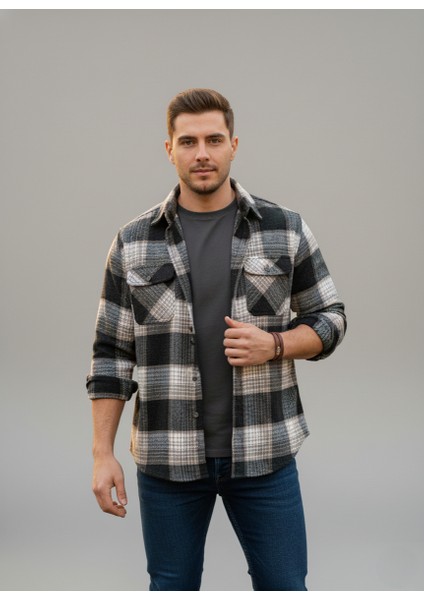 Erkek Oduncu Klasik Kesim Çift Cepli Yaka Düğmeli Kışlık Kareli Gömlek