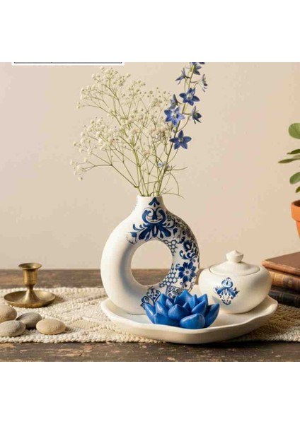 Dekoratif Seramik Görününlü Beyaz Donut Vazo ve Kase Ev Ofis Dekoru modelleri