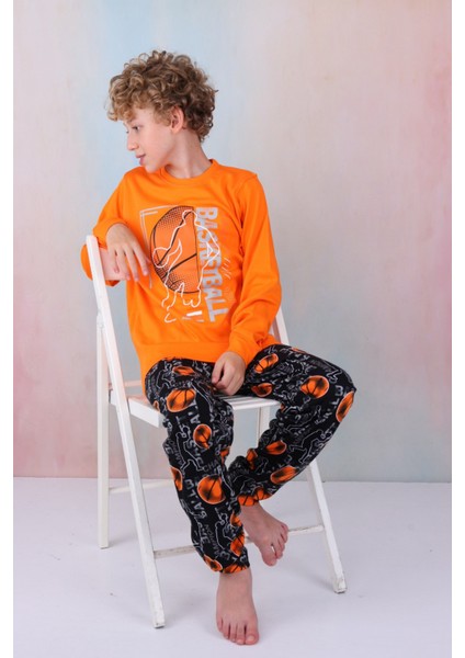 Basketball Desenli Erkek Çocuk Pijama Takımı Turuncu modelleri
