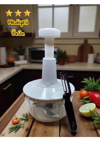 Hediyeli Manuel Rondo – 18 cm Geniş Hazneli Sebze & Meyve Doğrayıcı + Soyma Bıçağı | El Rondosu, Pratik Mutfak Yardımcısı