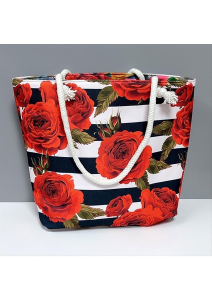 Techmrt Gül Desenli Plaj Çantası-Kırmızı