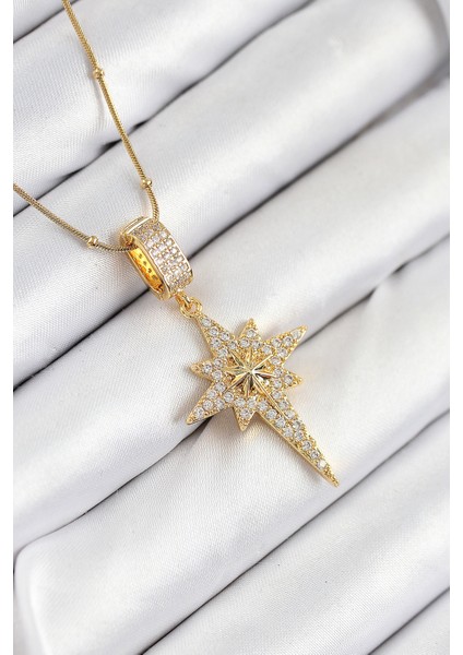316L Çelik Zirkon Taşlı Kutup Yıldızı Model Gold Renk Kadın Kolye - Lisinya