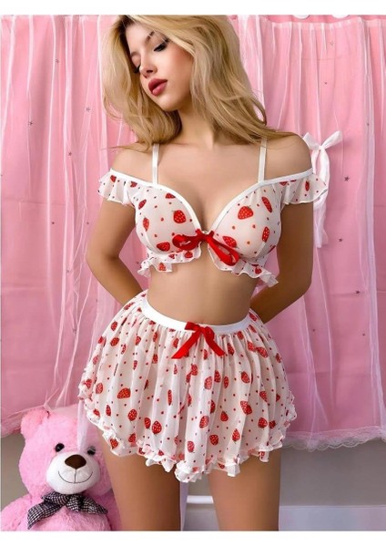 Beyaz Üstüne Çilek Desenli Etekli Fantezi Sütyen Takımı modelleri