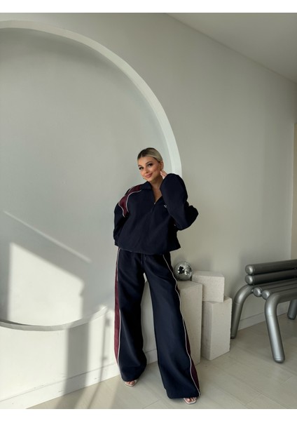Lacivert Şerit Detaylı Bomber Ceket Pantolon Takım