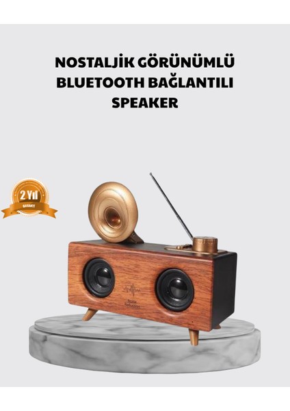 Nostaljik Gramofon Bluetooth Hoparlör – FM Radyo + USB + SD Kart Destekli