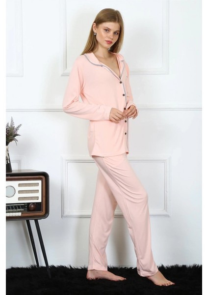 Kadın Penye Uzun Kol Önden Düğmeli Pijama Takım Pembe modelleri