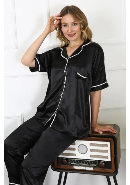 Kadın Büyük Beden Siyah Saten Pijama Takımı modelleri