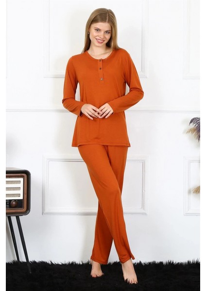 Kadın Penye Uzun Kol Patlı Pijama Takım Kiremit