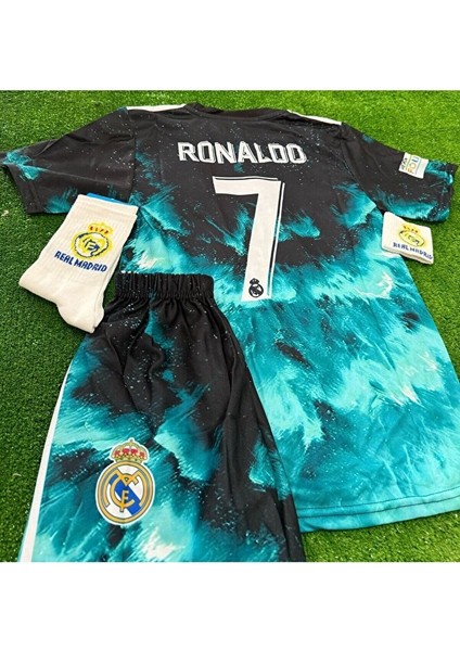Real Madrid C.ronaldo Forması Mavi Dalgalı Çocuk Forması Çorap Bileklik Hediyeli modelleri