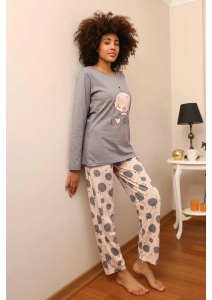 Kadın Penye Uzun Kol Pijama Takım Gri