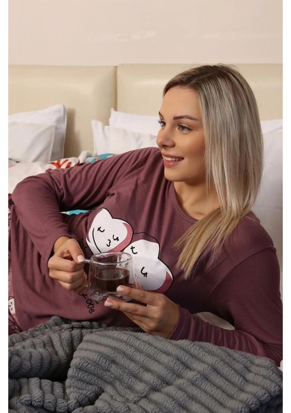 Kadın Penye Uzun Kol Pijama Takım Mürdüm fiyatları