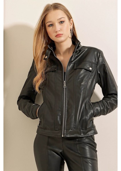 Dik Yaka Deri Siyah Kadın Mont 1024