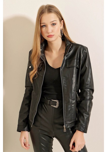 Dik Yaka Deri Siyah Kadın Mont 1024 fiyatları