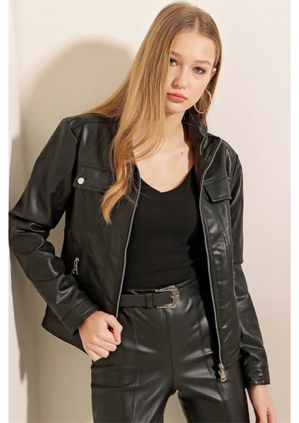 Dik Yaka Deri Siyah Kadın Mont 1024 modelleri