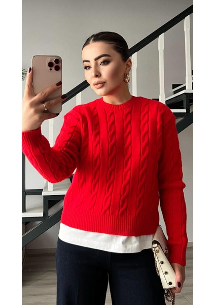 Kırmızı Saç Örgü Kazak