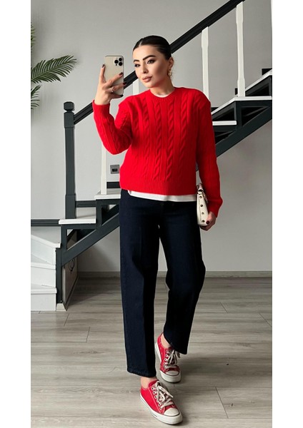 Kırmızı Saç Örgü Kazak modelleri