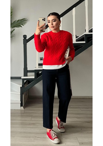 Kırmızı Saç Örgü Kazak
