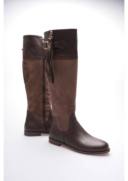 Kadın Deri Çizme Püsküllü Tokalı Fermuarlı Kahve Santana