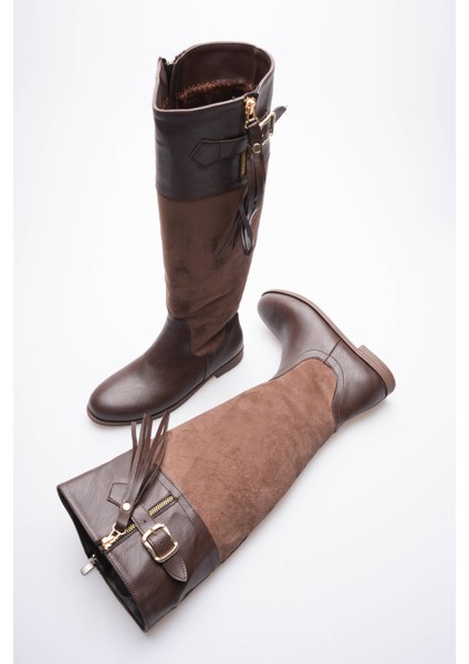 Kadın Deri Çizme Püsküllü Tokalı Fermuarlı Kahve Santana modelleri