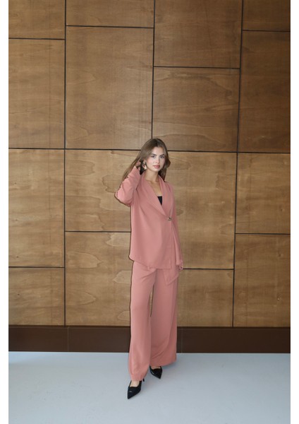 Gül Kurusu Şal Yaka Bluz Pantolon Takım