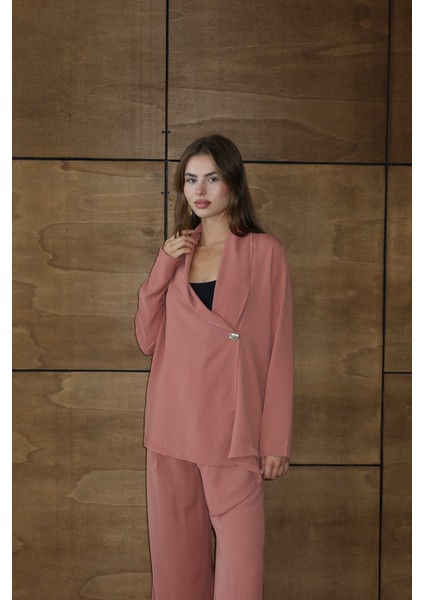 Gül Kurusu Şal Yaka Bluz Pantolon Takım modelleri