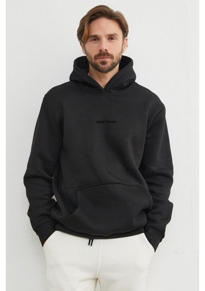 3 Iplik Keep Going Yazı Baskılı Kapüşonlu Oversize Sweatshirt