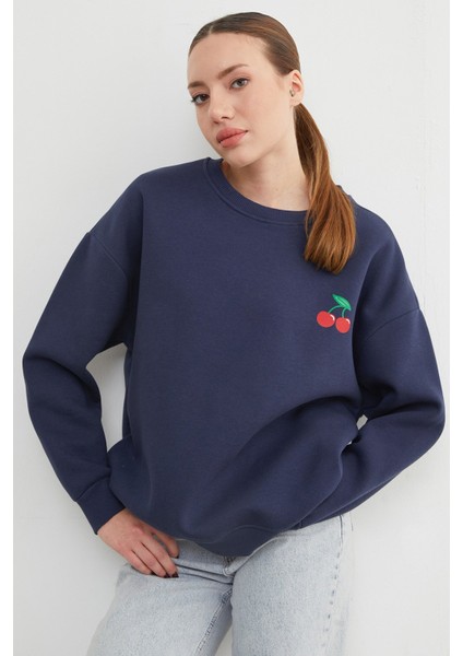 3 Iplik Kiraz Baskılı Oversize Sweatshirt