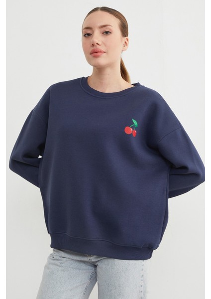3 Iplik Kiraz Baskılı Oversize Sweatshirt