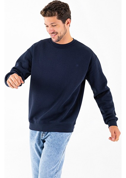 Erkek Bisiklet Yaka Jb Nakışlı 3ip Sweatshirt Lacivert - 5405