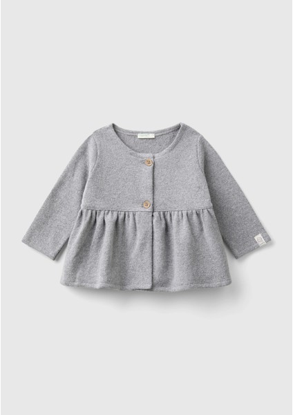 Bebek Gri Melanj Önü Düğmeli Etek Ucu Fırfırlı Uzun Kollu Sweatshirt