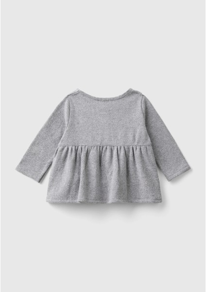Bebek Gri Melanj Önü Düğmeli Etek Ucu Fırfırlı Uzun Kollu Sweatshirt fiyatları