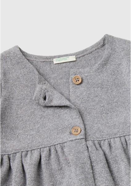 Bebek Gri Melanj Önü Düğmeli Etek Ucu Fırfırlı Uzun Kollu Sweatshirt modelleri