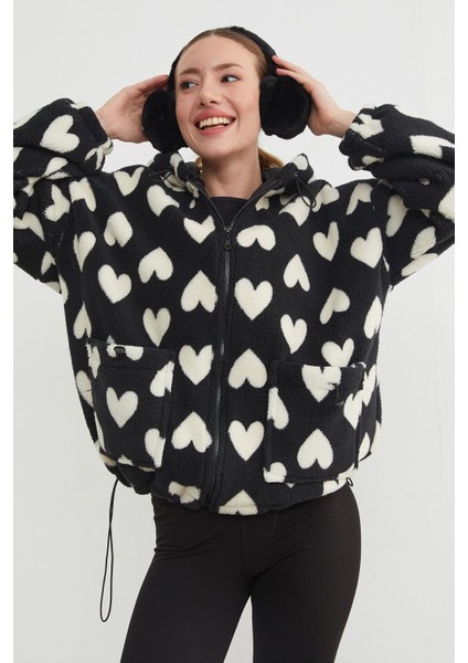 Kalp Desenli Peluş Mont