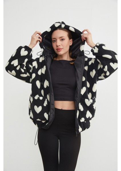 Kalp Desenli Peluş Mont