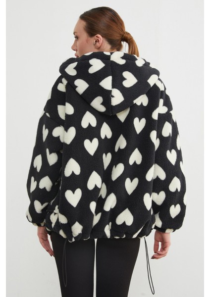 Kalp Desenli Peluş Mont