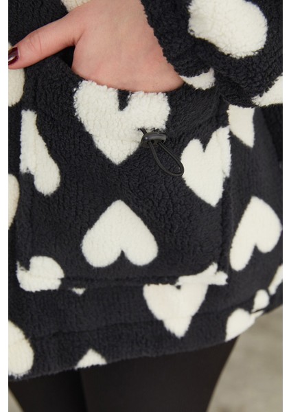 Kalp Desenli Peluş Mont