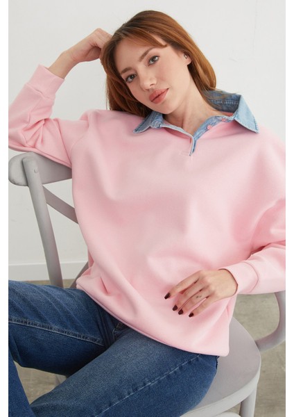 3 Iplik Kot Garnili Gömlek Yaka Oversize Sweatshirt