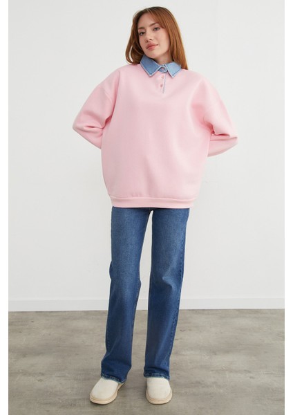 3 Iplik Kot Garnili Gömlek Yaka Oversize Sweatshirt fırsatları