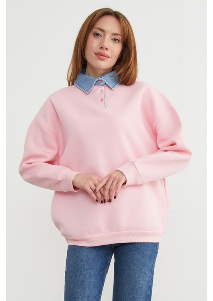 3 Iplik Kot Garnili Gömlek Yaka Oversize Sweatshirt