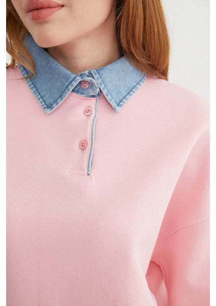 3 Iplik Kot Garnili Gömlek Yaka Oversize Sweatshirt