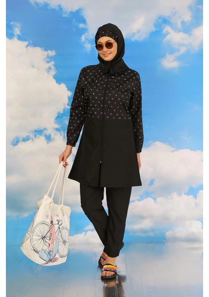 Kadın Pantolonlu Desenli Tam Tesettür Mayo Siyah modelleri