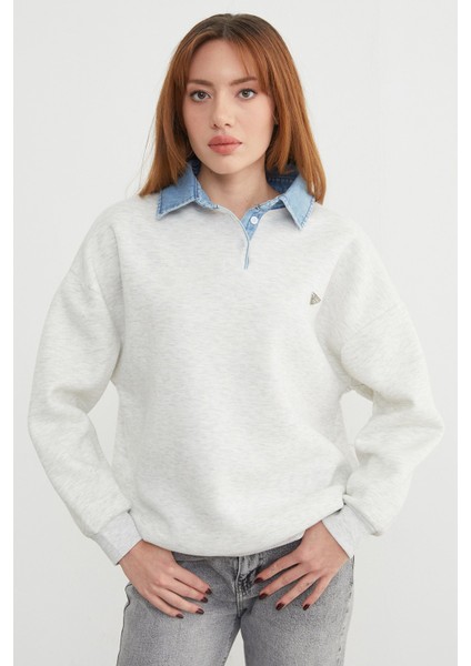 3 Iplik Kot Garnili Metal Aksesuarlı Sweatshirt