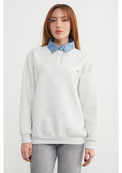 3 Iplik Kot Garnili Metal Aksesuarlı Sweatshirt