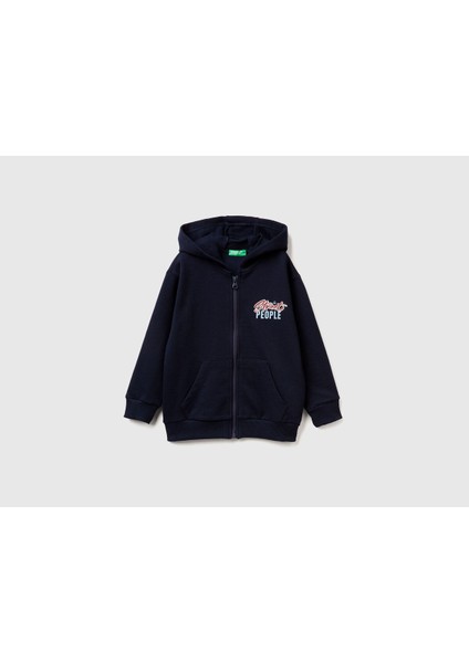 Erkek Bebek Lacivert Baskılı Fermuarlı Kapüşonlu Relaxed Fit Sweatshirt