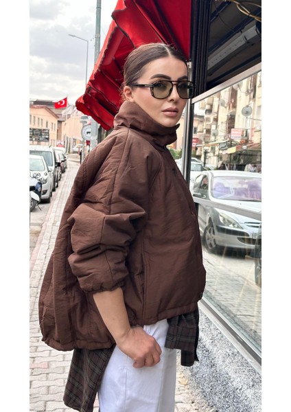 Kahve Tok Doku Şişme Mont