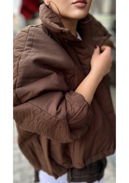 Kahve Tok Doku Şişme Mont