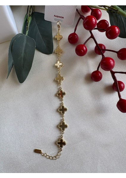 14 Ayar Altın Kaplama Yonca Bileklik- Gold Renk Şans Sembolü Günlük ve Özel Gün